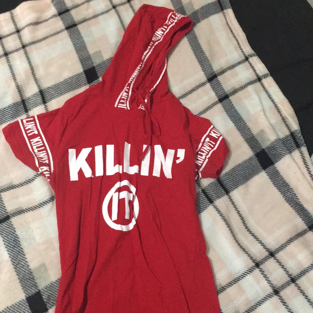 Red and white short sleeve shirt with hoodie